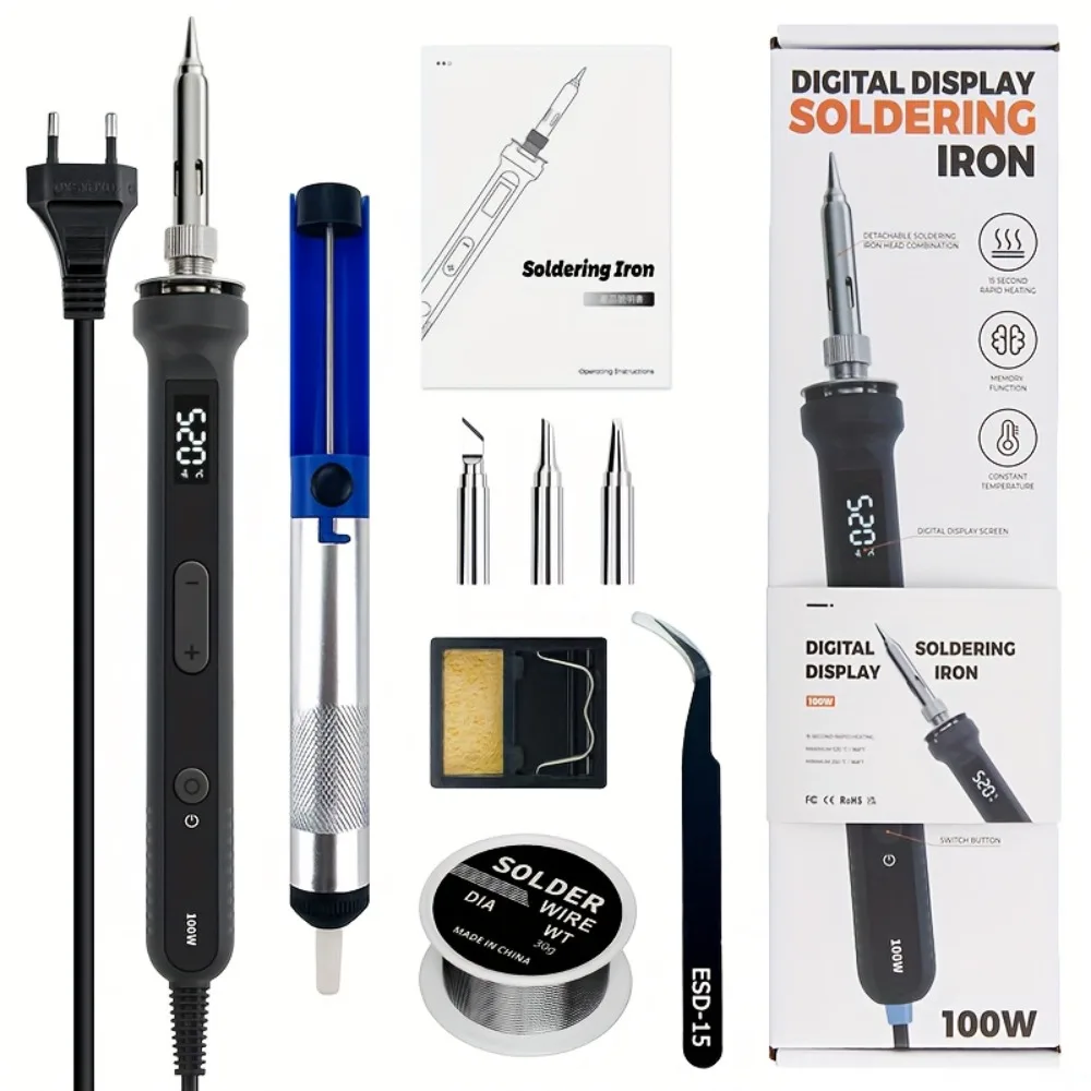 

100 Вт цифровой электрический паяльник, набор 220 В, сварочный инструмент с регулируемой температурой, керамический нагреватель, паяльные жала, ремонт