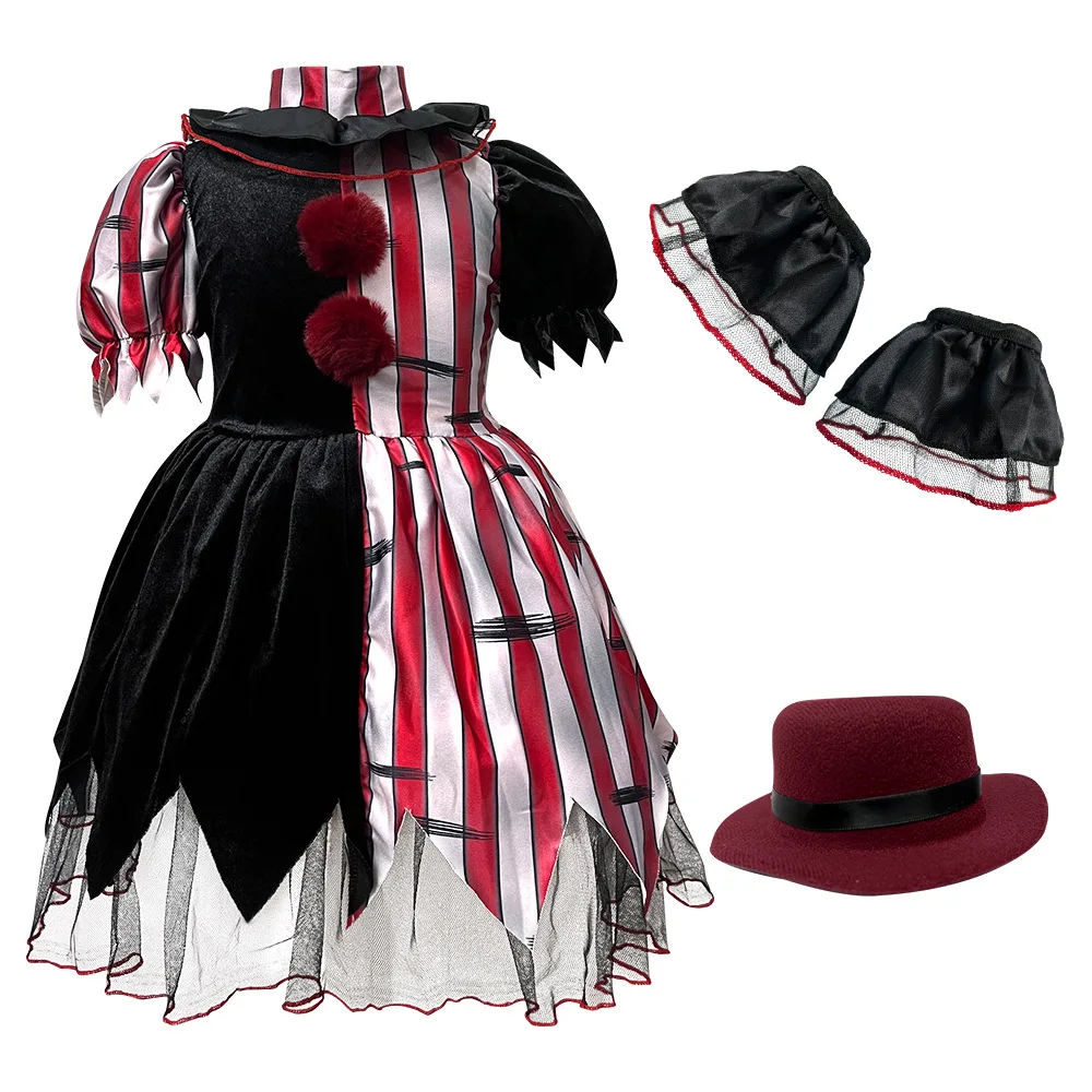 

Halloween Cosplay Costume Circus Clown Black Red Patchwork Irregular Dress Arm Sleeves Hat Set Thrilling Theme Party Outfit Girl