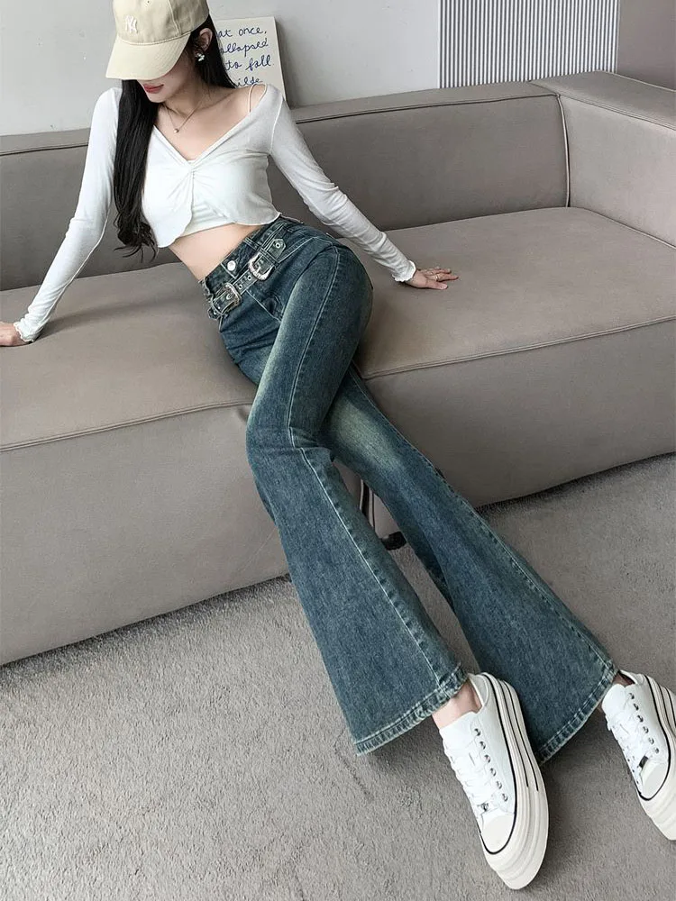 ヴィンテージ漂白ブーツカットパンツ女性のカジュアルハイウエストファッションデニムパンツストリートレトロワイドレッグストレートスリム Vaqueros