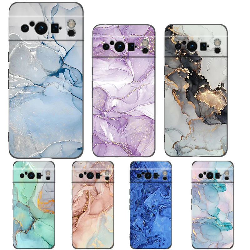 Marble ink and wash For Google Pixel 8 7 6 Pro 6A 5G Black Phone Case Soft Shockproof Back Cover Silicone TPU Shell Coque