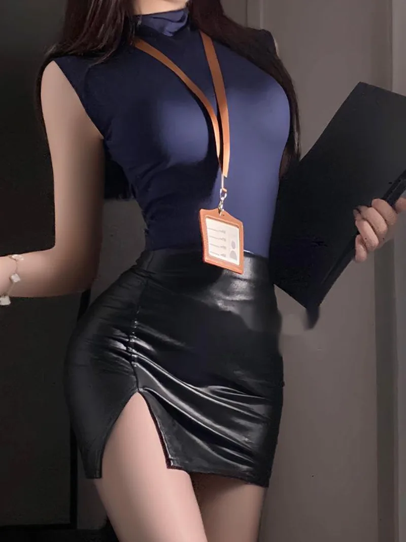 Sexy Secretary Uniform Pure Desire Skirt Sets Round Neck Sleeveless Wrap Hip Skirt Sets For Nightclub Charming Elegant  Z63H