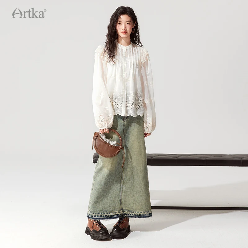 ARTKA 2023 Early Autumn New Women Blouse French Elegant Lace Embroidery O-Neck Shirt Hollow Out Long Sleeve White Shirt SA92332Q