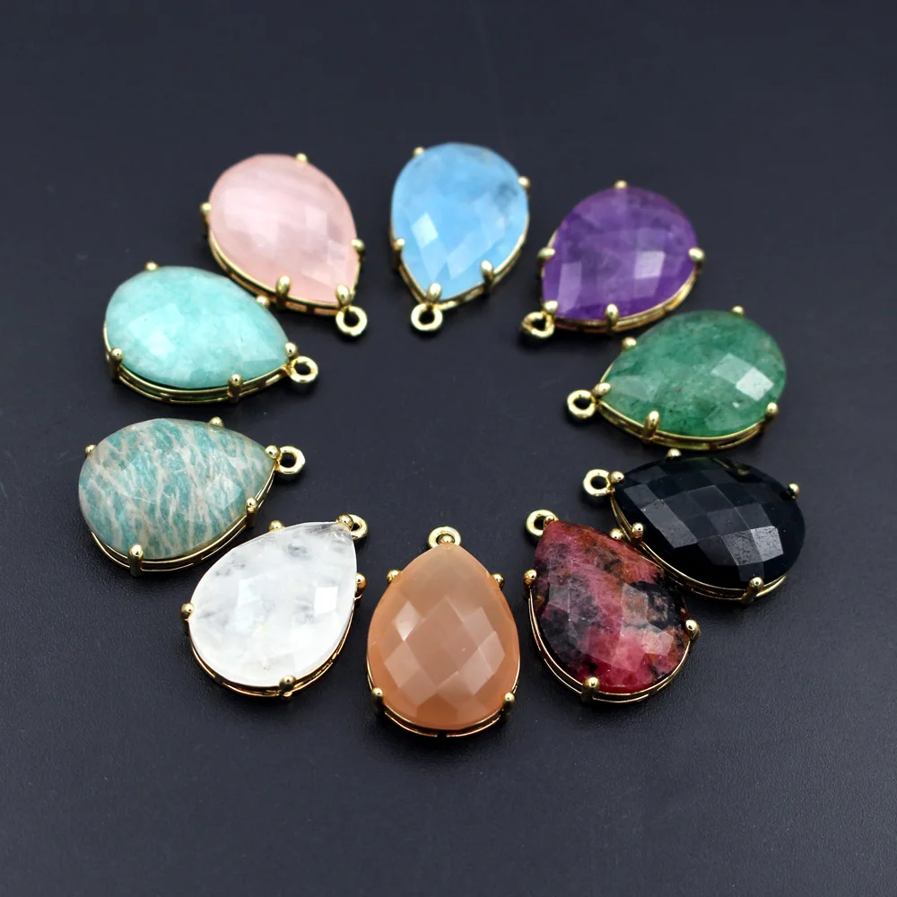 

6pcs Faceted Natural Amethyst White Quartz Rose Quartz Amazonite Stone Teardrop Pendants Drops Charms for DIY Jewelry Making