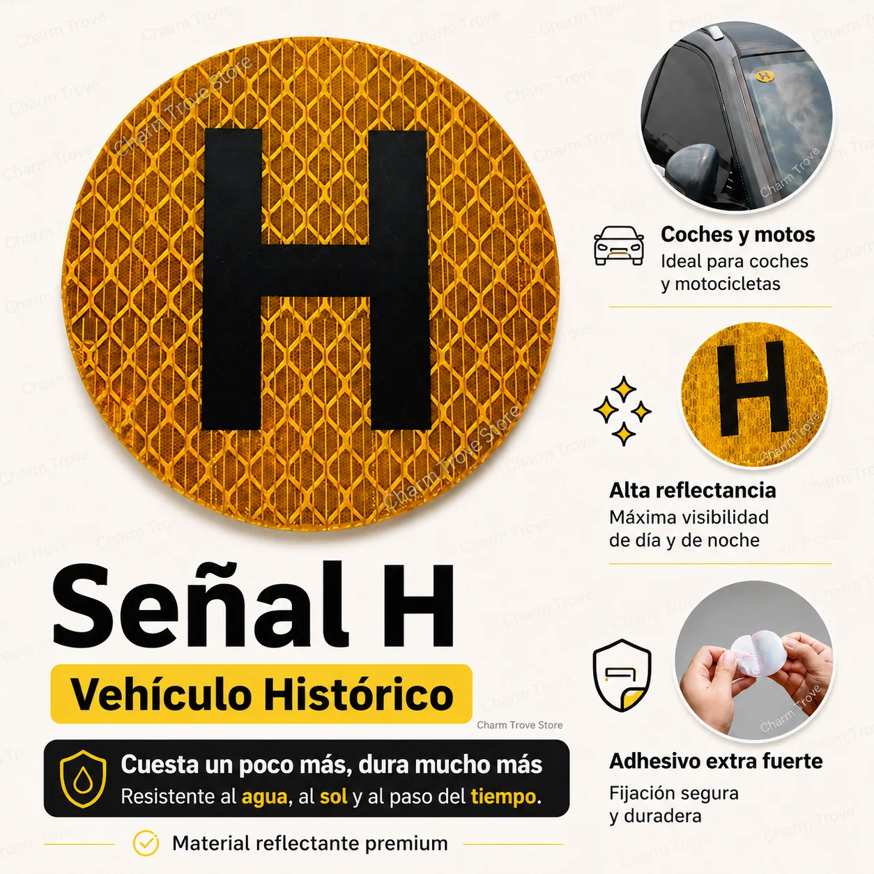 Señal H Vehículo Histórico 60mm Pegatina Reflectante Impermeable Exterior Con Adhesivo Fuerte Coche Y Moto Normativa Oficial