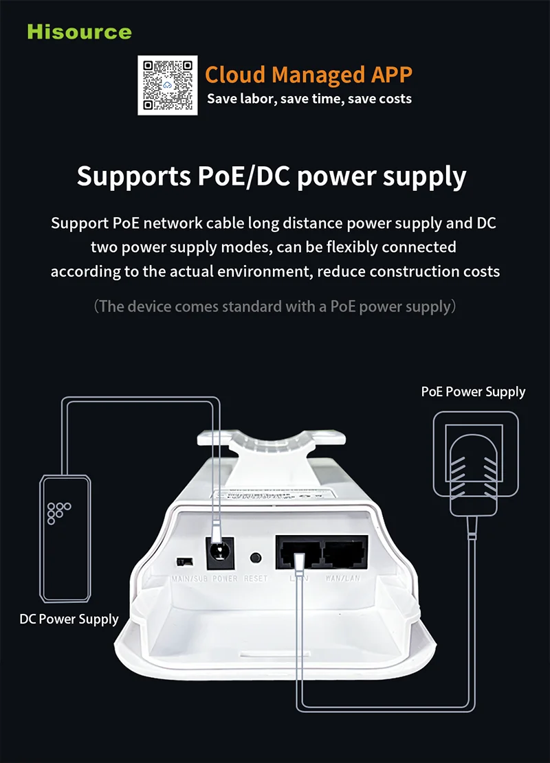 Hisource 5.8G Wireless Bridges with 10/100Mbps LAN Port 5KM Long Range WiFi Bridge Point to Point Support 24V 48V and DC Power