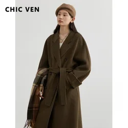 CHIC VEN Frauen Lange Woolen Mäntel Retro Lose Weibliche Mantel Zweireiher Damen Doppelseitige Topcoat Herbst Winter 2024