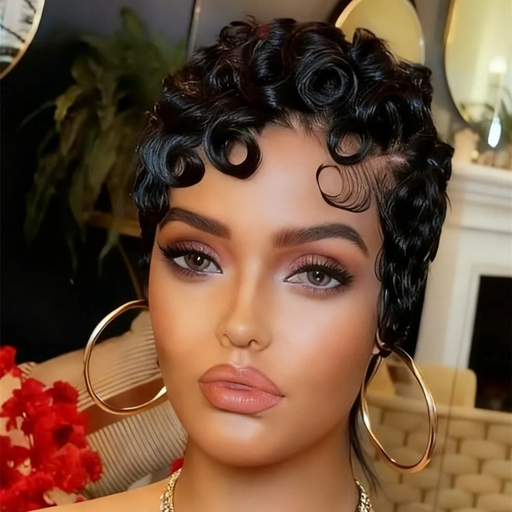 

pixie cut 13*4 frontal lace transparent human hair wigs for women short curly human hair wigs daily use natural look