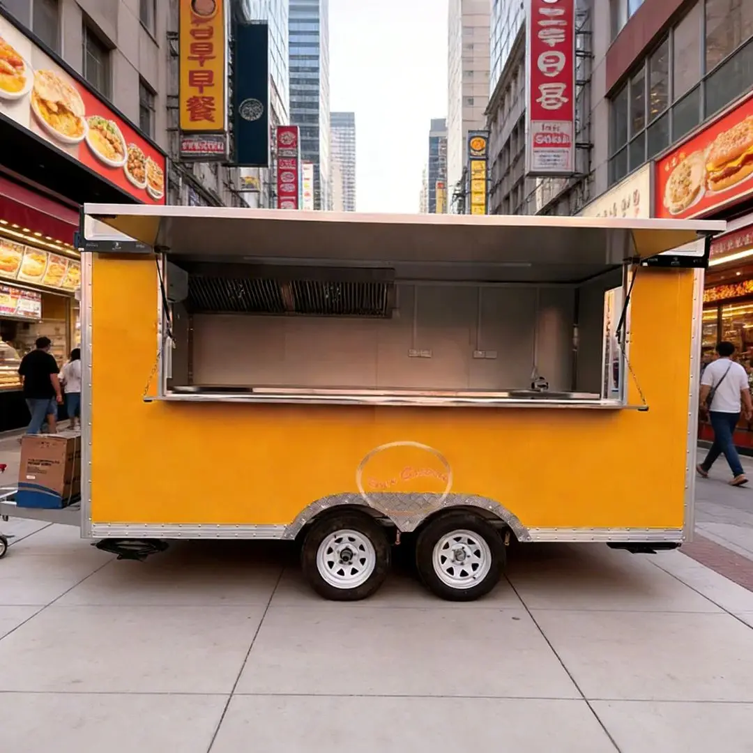 

Yellow Stainless Steel Mobile Food Trailer Catering Cart Fast Food Truck with Kitchen Equipment for BBQ Hot Dog Ice Cream Vendin