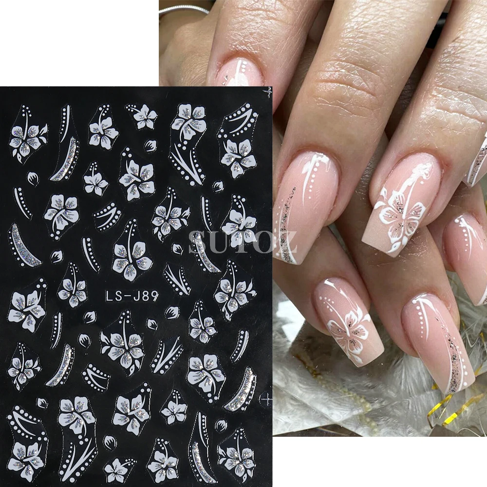 Moulage Papillon Nail Stickers Blanc Paillettes Coeur Fleurs Rose Papillon Nail Stickers Français Charmes Manucure Décor LEBLS-J91