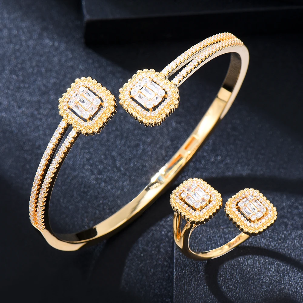 GODKI hiphop Bicolor Square 2 Rows Bangle Ring Set Jewelry Set For Women Wedding Party Cubic Zircon aretes de mujer modernos