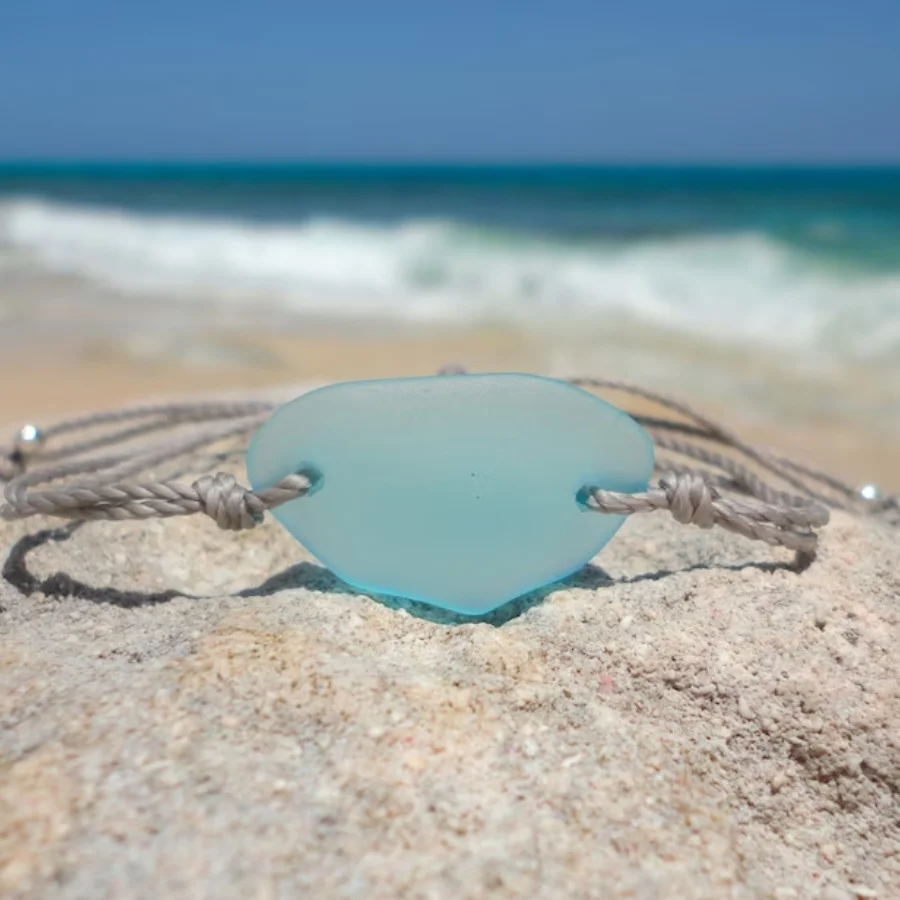 Blue Sea Glass Adjustable Wax Rope Bracelet, Boho Beach Anklet for Summer Surf, Vacation & Daily Wear