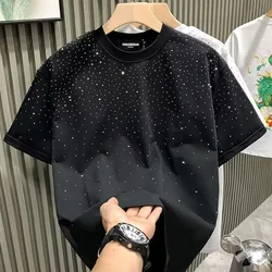 Rebite de strass masculino t-shirt com gola redonda, manga curta, roupa casual, moda de rua alta, verão, 2024