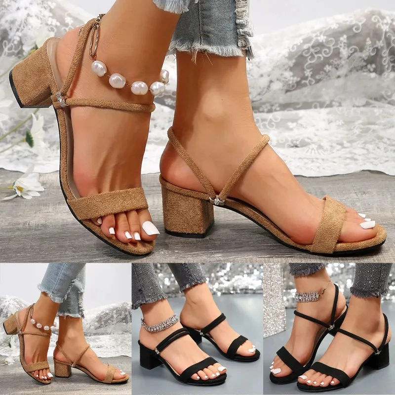 Shoes Woman 2024 New Fashion Trend Thick Heel Medium Heel And One Strap Roman Outer Sandals Sandals Women Dressy Summer