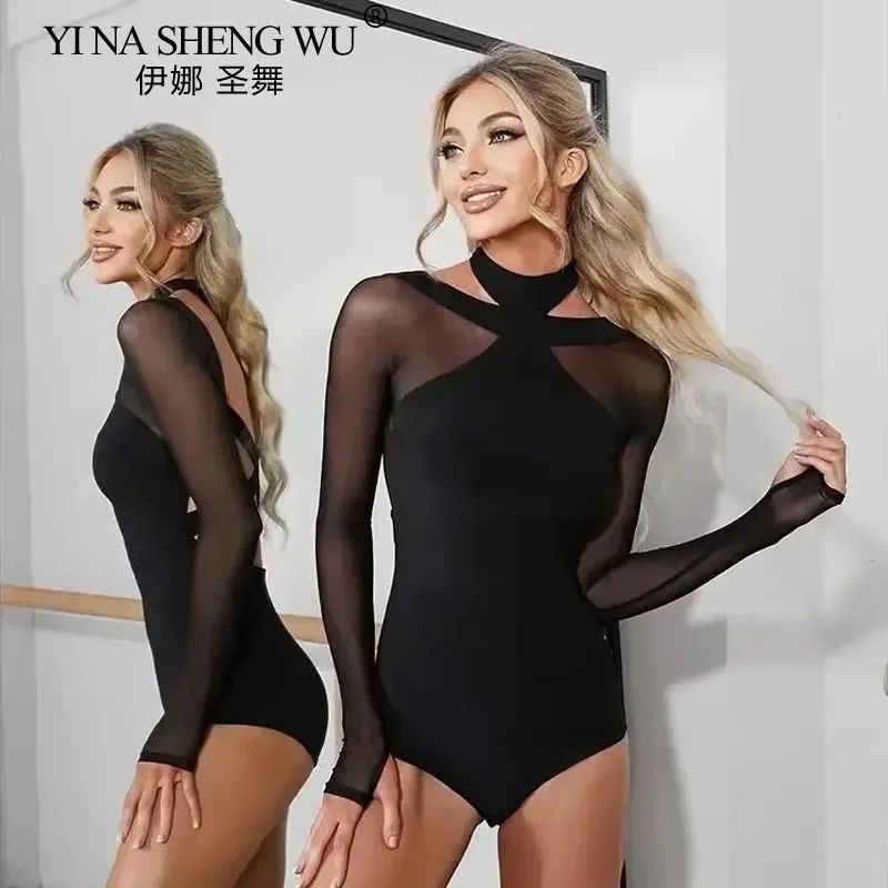Body da ballo latino da donna Body da ballo incrociato senza schienale congiunto in rete nera Body da allenamento per danza latina sexy