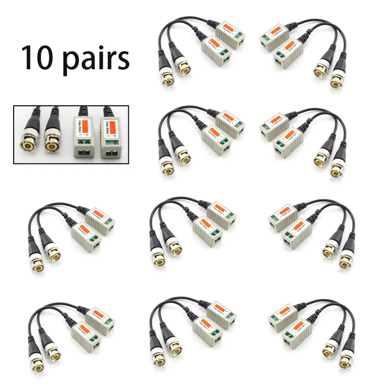 (10 pares) Conector Balun de video BNC, transceptor pasivo, Balun UTP, cable BNC macho CAT5 para accesorios de cámara CCTV