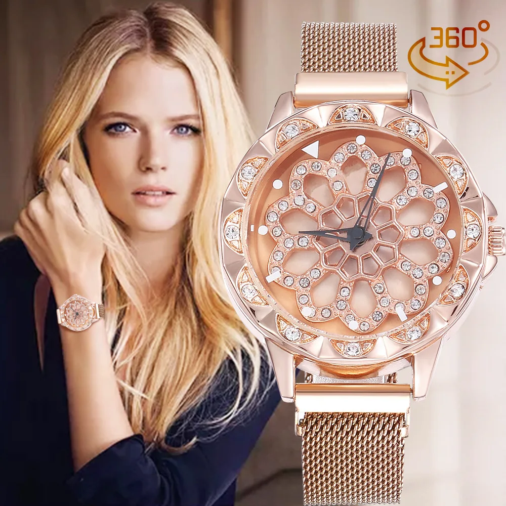 2022 Rose Gold Rotating Flower Watches Relogio Feminino Fashion Diamond Magnetic Quartz Clock Hot Sale Lucky Women Wrist Watches