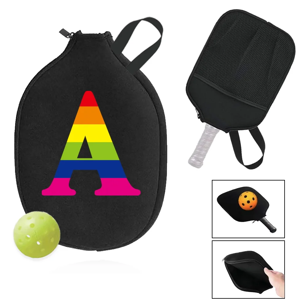 Racquet Sleeve Tote Bag Pick Ball  Zippered Racket Storage Bags with Mesh Organizer Handbag Pouch Rainbow Letter Printed Series