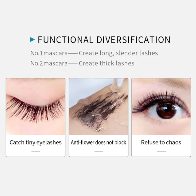 QIC Mascara impermeabile 4D a doppio effetto Arricciatura lunga Ciglia spesse naturali Mascara nero 2 in 1 2 testine