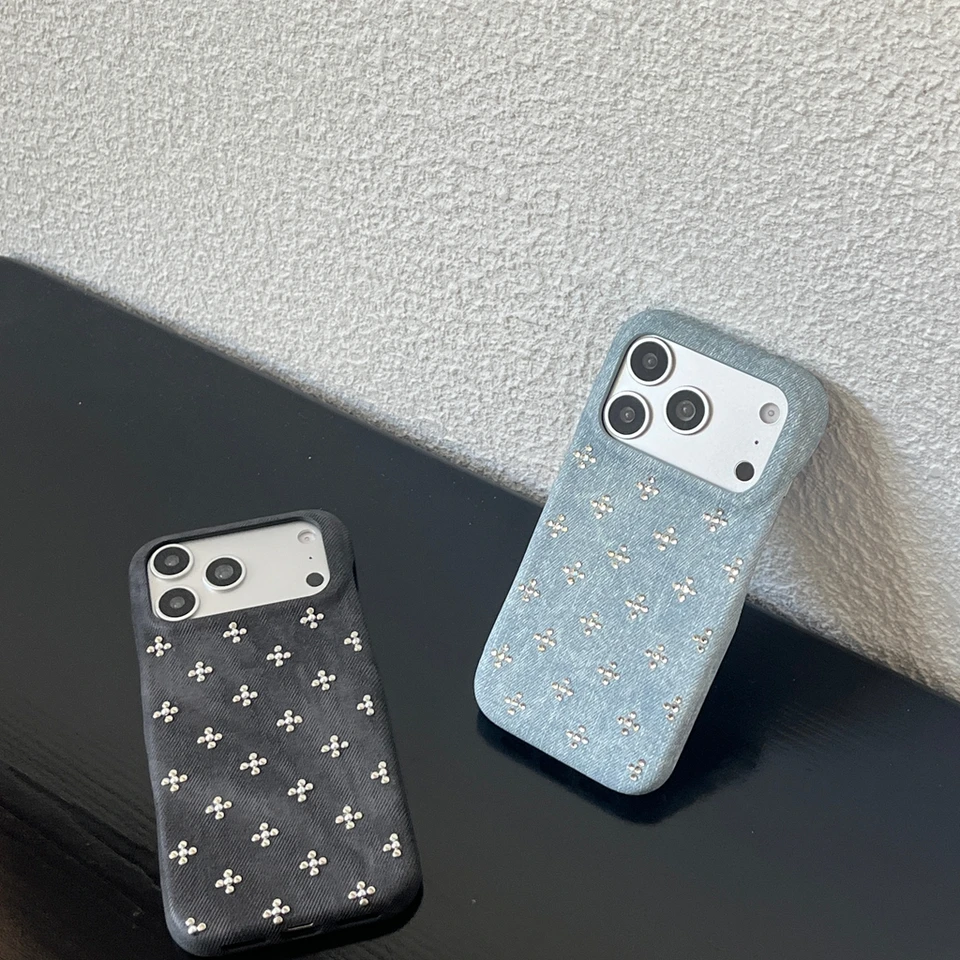 Retro Trendy Cool Blue Black Denim Texture Rivet  Small Flower Shock Proof Phone Cover Case for iPhone 17 16 15 14 Pro Max, image 2
