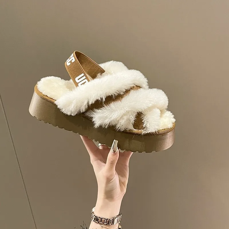 New Winter UGG Fashion Slippers Genuine Leather and Fur Buckle Fur Slippers Daily All-match Height-enhancing Women\'s Shoes