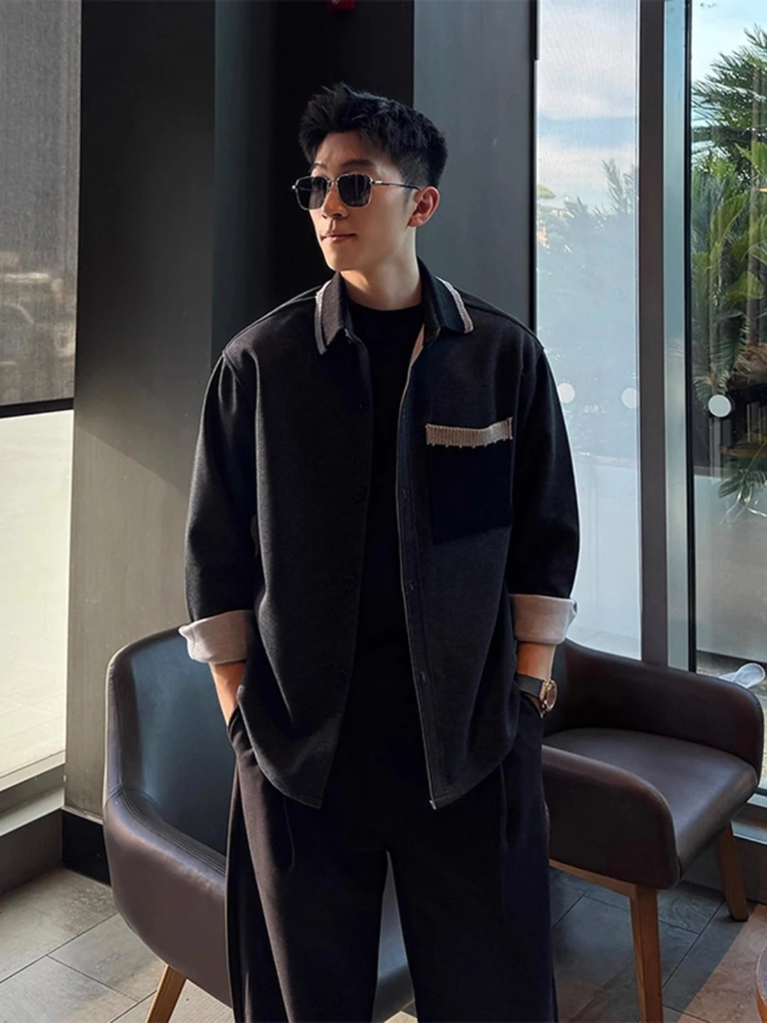 

Color Blo Long Sve Knitted irt Jaet Men's Early Autumn Wear Design ket Workwear Jaet American Sle Casual irt