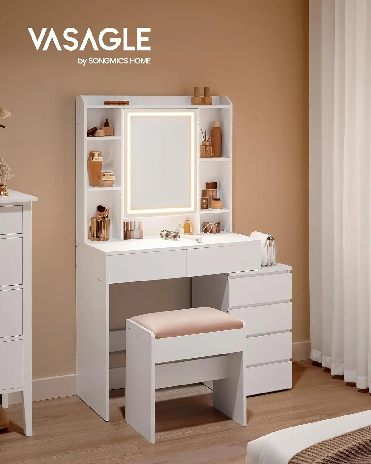 VASAGLE LED Vanity Set, 3 colori chiari regolabili, specchio, cassetti, scomparti aperti, sgabello,