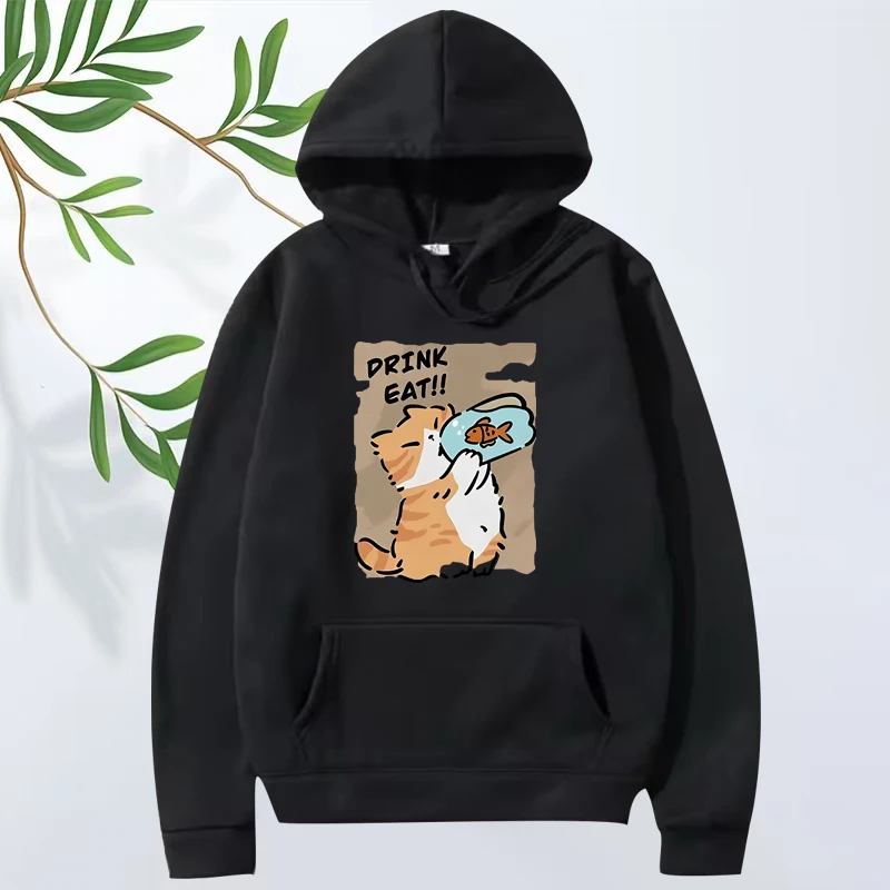 

Funny Cat Eat Fish graphic Oversized hoodie 2025 men women fashion vintage Long sleeve loose Sweatshirt with print hoodie unisex