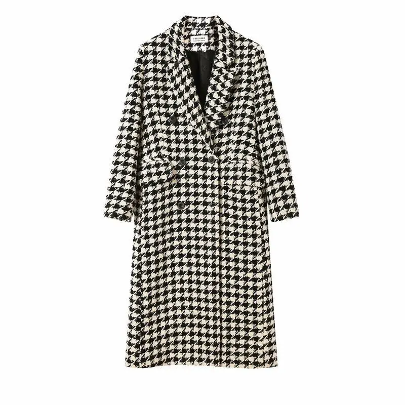 2025 Autumn New Korean Thousand Bird Grid Coat Medium and Long Over the Knee Celebrity Small Fragrant Coat Woolen Jacket Women