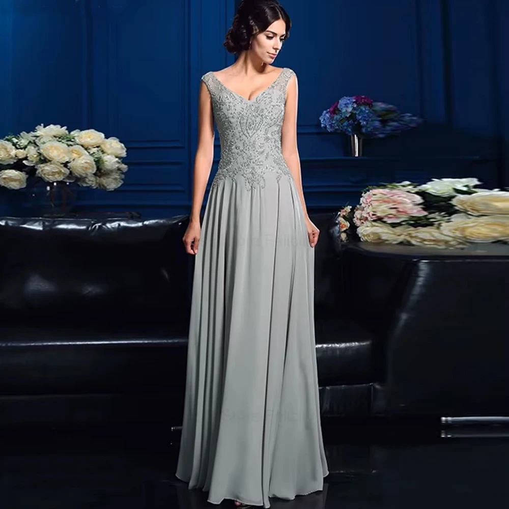 

Customized Elegant Mother of Bride Dresses A-Line V-neck Sleeveless Guest Dresses Beading Appliques Wedding Party Dresses