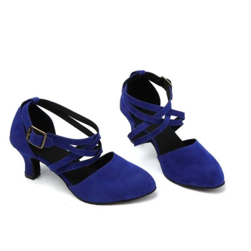 Blue suede surface Dance shoes Latin modern square dance performance dance shoes Womens double cross tie High Heels 6.5cm