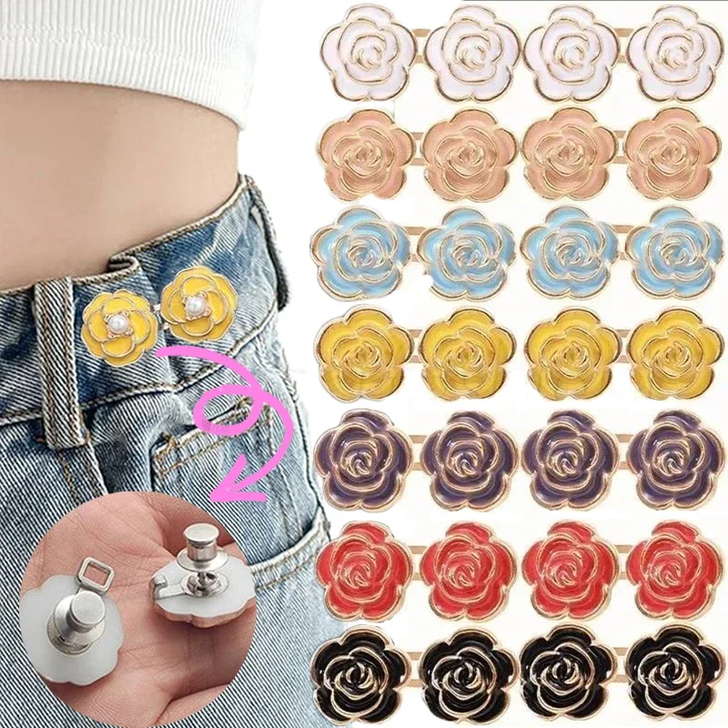 Metal Rose Flower Buttons Snap Fastener Pants Pin Detachable Clip Waist Tightening Clothing Buckle for Jeans Fit Reduce Waist