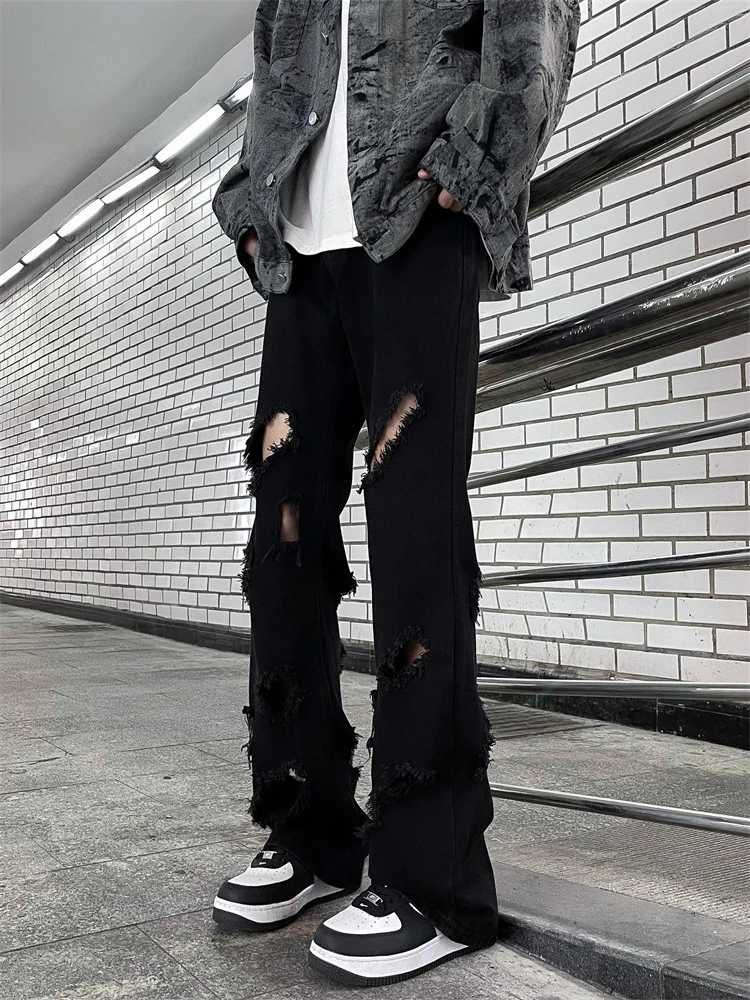 American Retro Hole Micro Flared Black Jeans Men's Trendy High Street Straight Loose Pants Design Sense Slimming Long Trousers