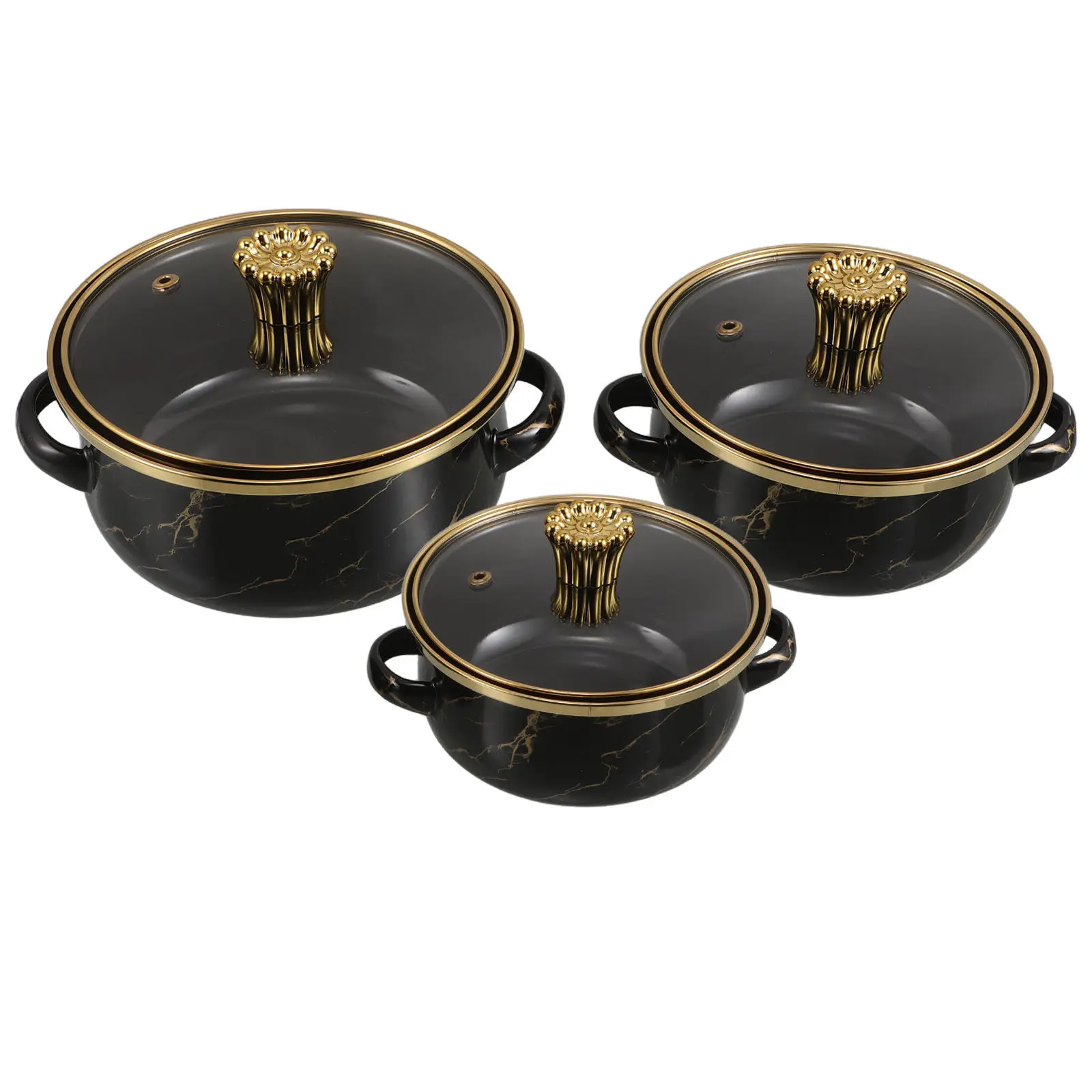 Juego de 3 ollas pequeñas de esmalte con tapa y doble asa, estilo retro vintage, para cocinar guisos en estufas de gas, inducción y vitrocerámica.