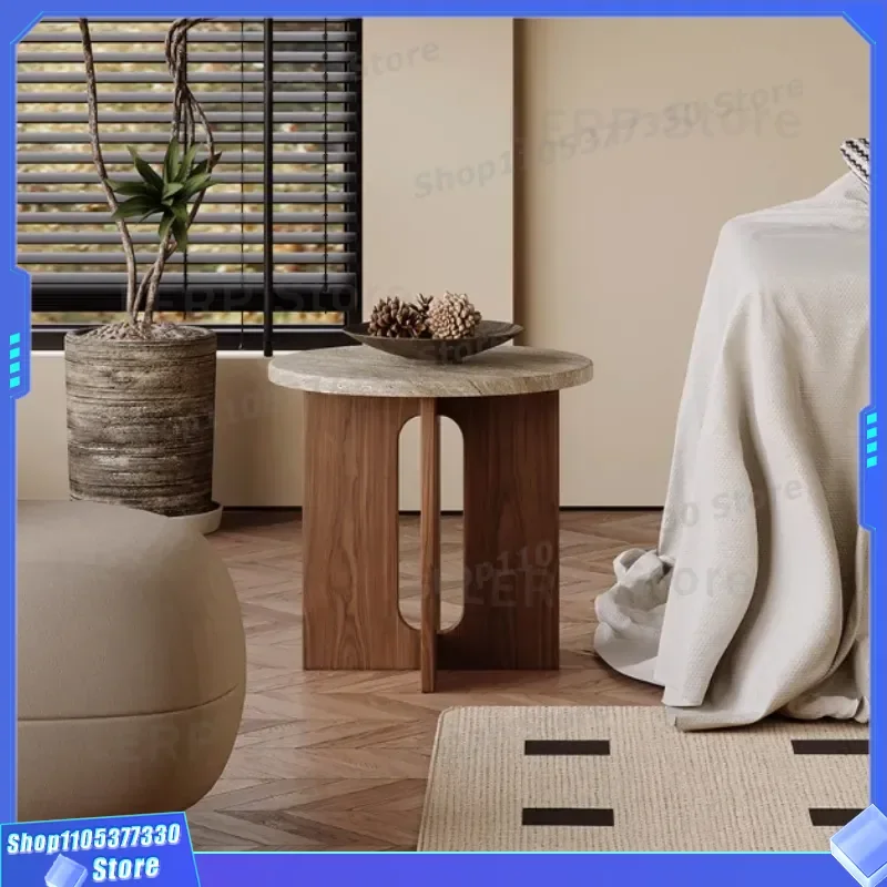Retro Wabi Sabi Travertine Coffee Table Small Round Side Table for Living Room Sofa Corner Bedside Nightstand Log Style