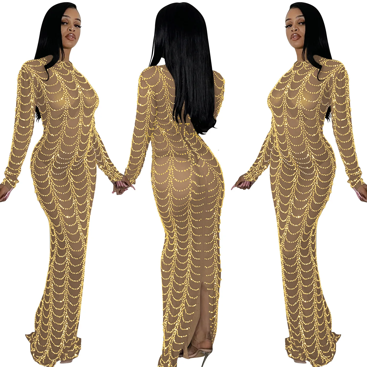 EINY Women Diamonds Hot Drill Striped Mesh See Though Long Sleeve Bodycon Midi Maxi Dress Sexy Club Skinny Party Long Dresses