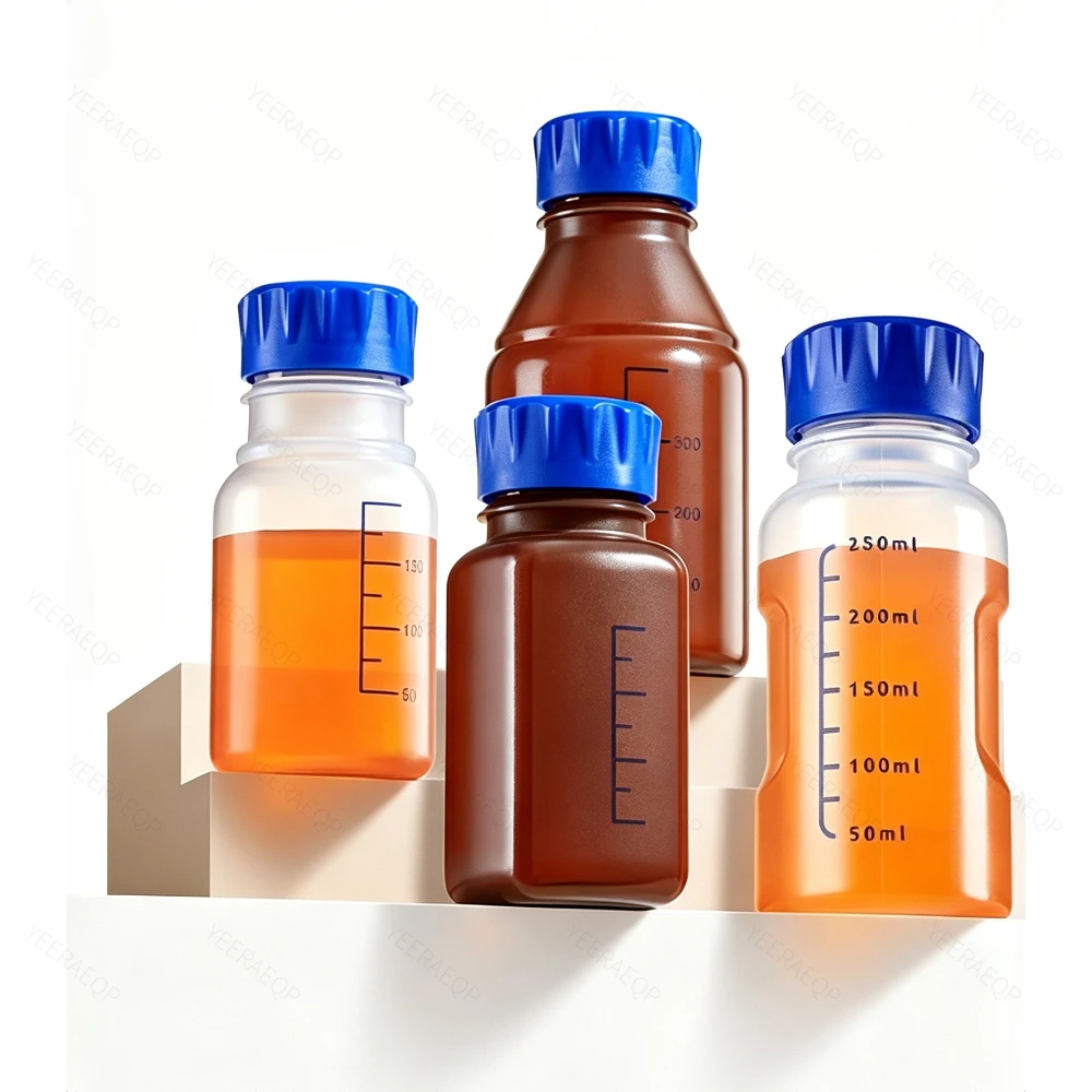 Transparent Brown Plastic Reagent Bottle with Blue Cap Graduated Polypropylene Round Bottle Handheld PP Reagent Bottle Screw Lid