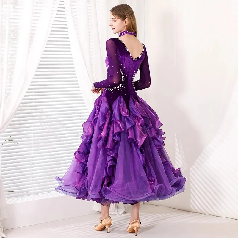 2025 New Ballroom Competition Dresses for Women Performance Long Sleeve Velvet Modern Dress Party Waltz Dance Costumes