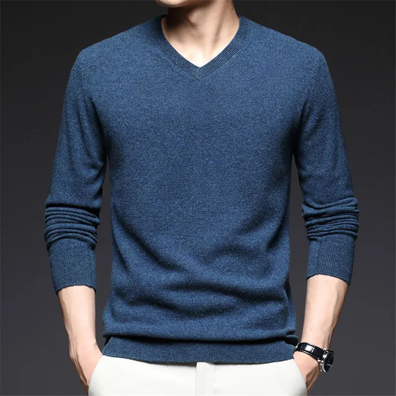 

Black Sweater Men Clothing Autumn and Winter The New Pure Wool Loose Large Size V-neck Knitting Solid Color Casual