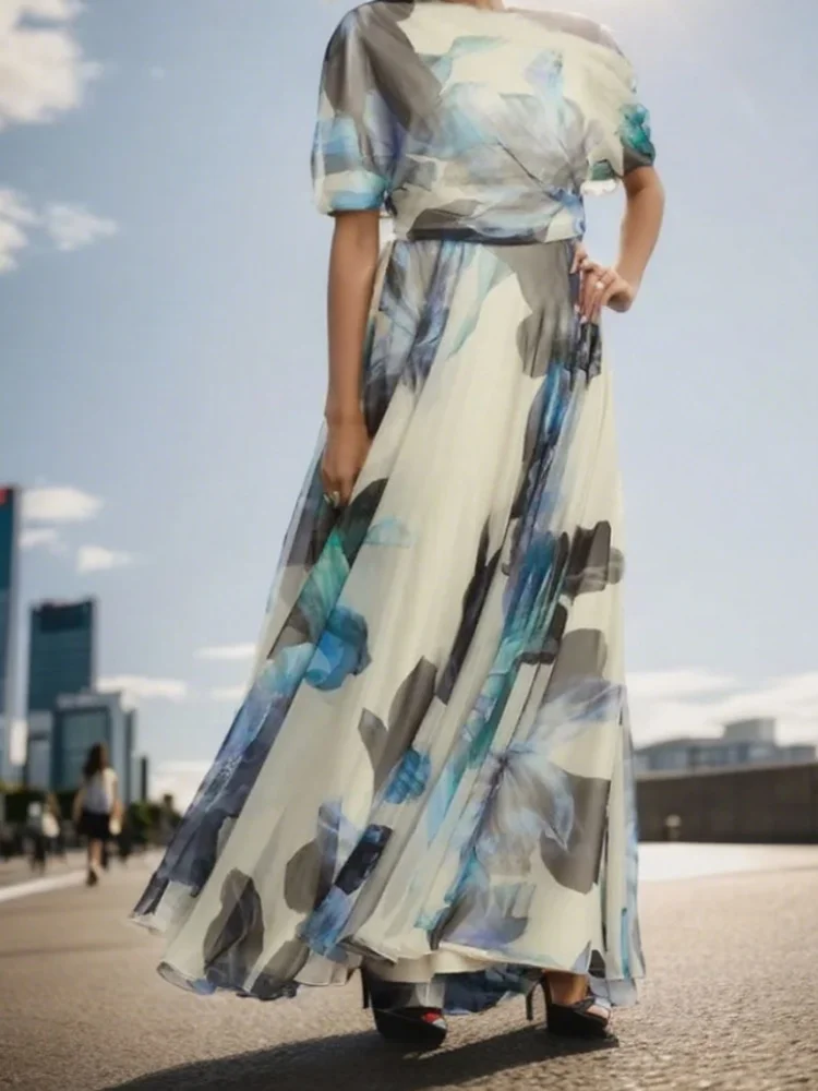 One Shoudle Lace Up Short Sleeve Printed Slim Fit Maxi Prom Dress for Women Elegant Vacation Beach Evening Dress