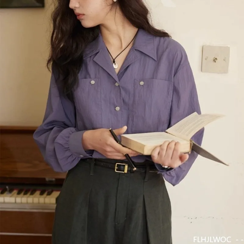 Mélanges de coton hauts chemisiers nouvelle mode Design français femmes à manches longues bureau dame bases violet vert rétro Vintage chemises