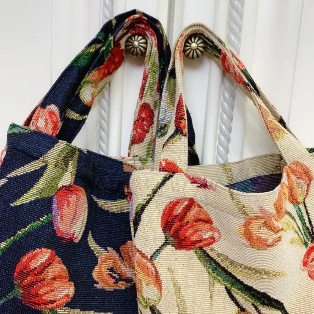 Vintage Flower Clutch Purse Household Tulip Flower Printed Vintage Shoulder Bags Handle Portable Retro Flower Handbag