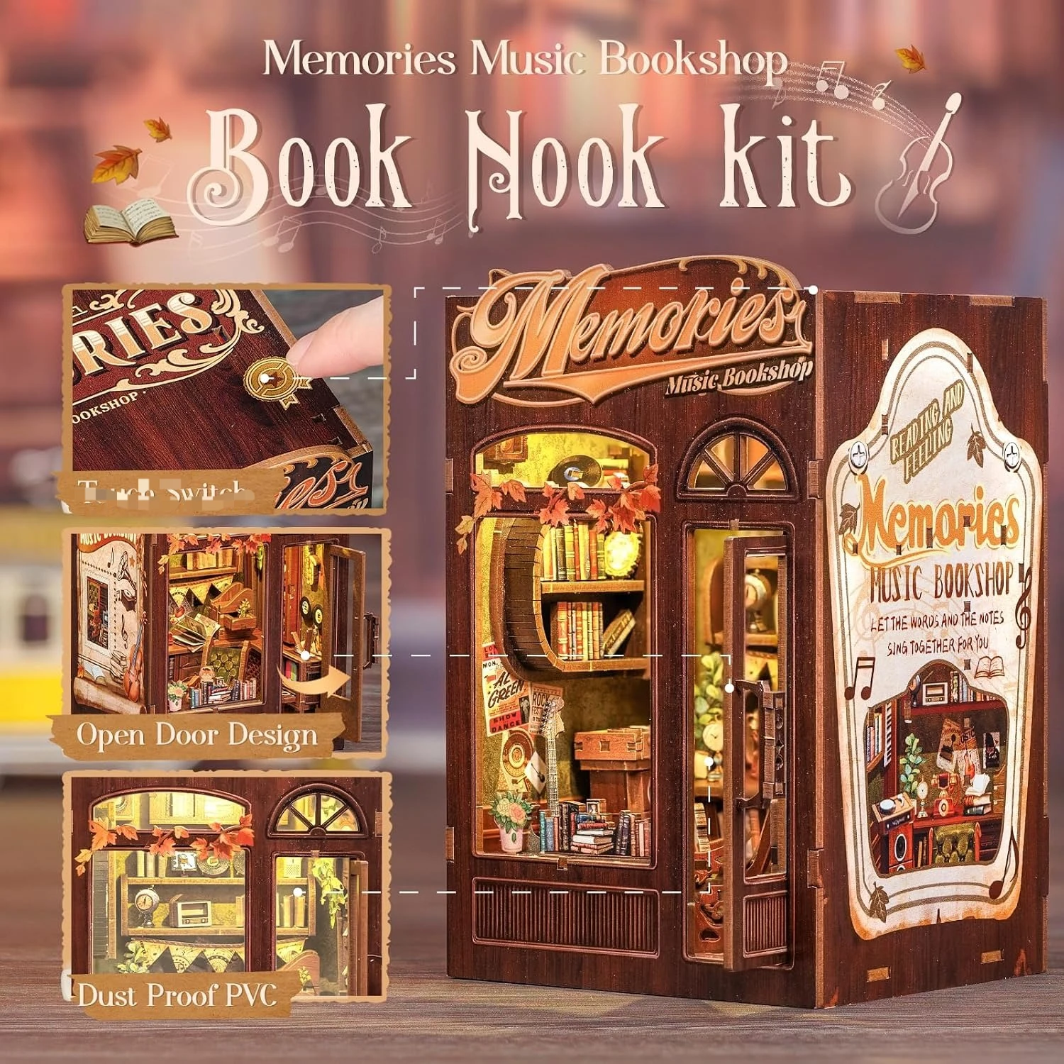 Book Nook Kit Bookshelf Insert Memories Music Bookshop DIY Miniature House Craft Assembly Model for Adults
