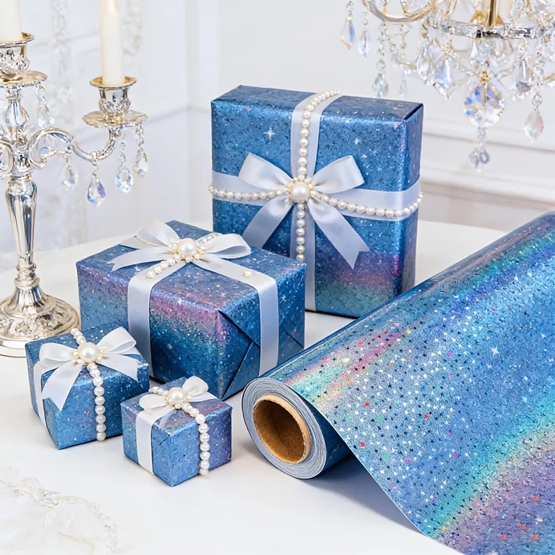 Blaues Farbverlauf-Stern-Geschenkpapier, Holografischer Stern. Für Geburtstage, Abschlussfeiern, Hochzeiten, Babypartys und Themenpartys – Detail 6