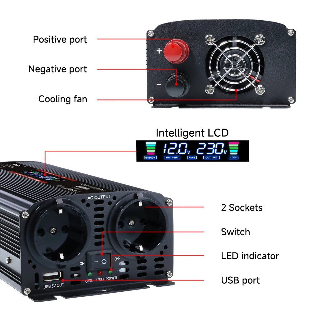 Modified Sine Wave Inverter 3000W DC 12V 24V To AC 220V Voltage  LCD Display Solar Car Transformer Converter Power Supply