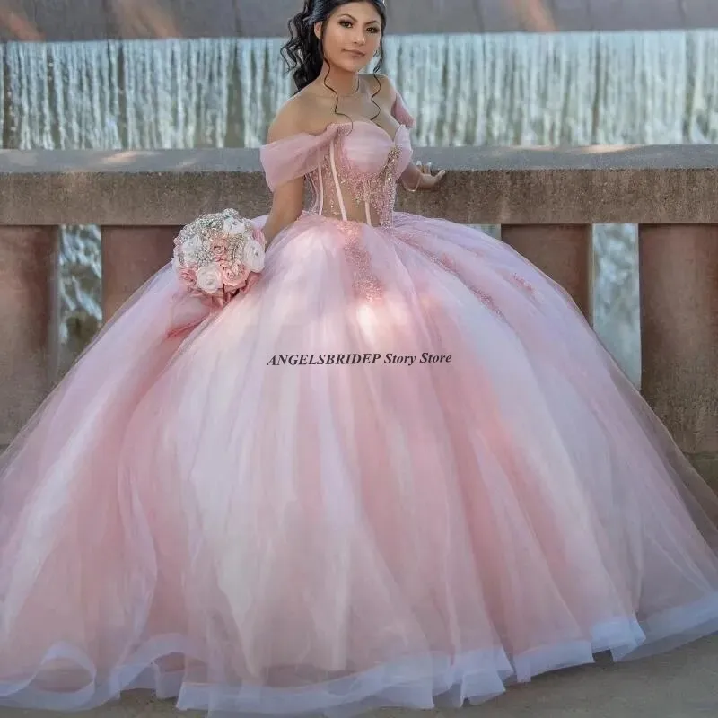 ANGELSBRIDEP Pink Mexican Quinceanera Dresses Off Shoulder Lace Applique Beaded Crystals 16th Birthday Ball Gowns Customized