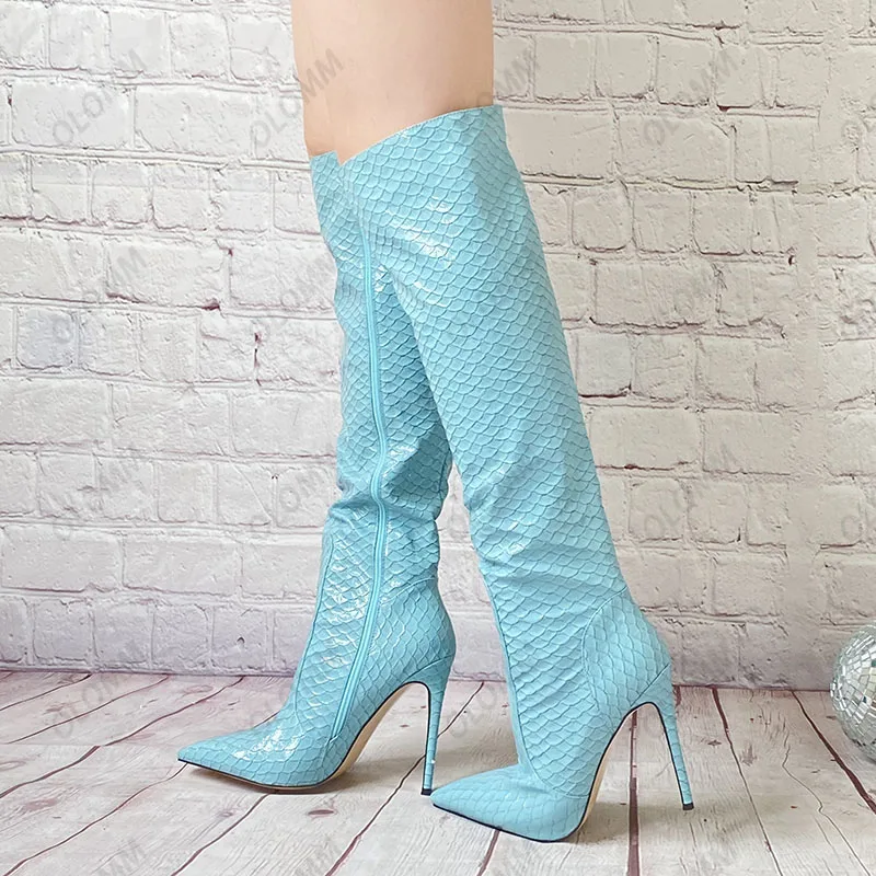 Olomm Handmade Women Winter Knee Boots Fish Scale Stiletto Heels Pointed Toe Light Blue Dress Shoes Women Plus US Size 5-15