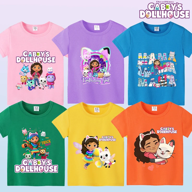 

2025 New Gabby Dollhouse Short Sleeve Boys Girls Summer Round Neck Colorful T Shirt Clothe Cotton Tee Shirts Kid Short Tops Tees