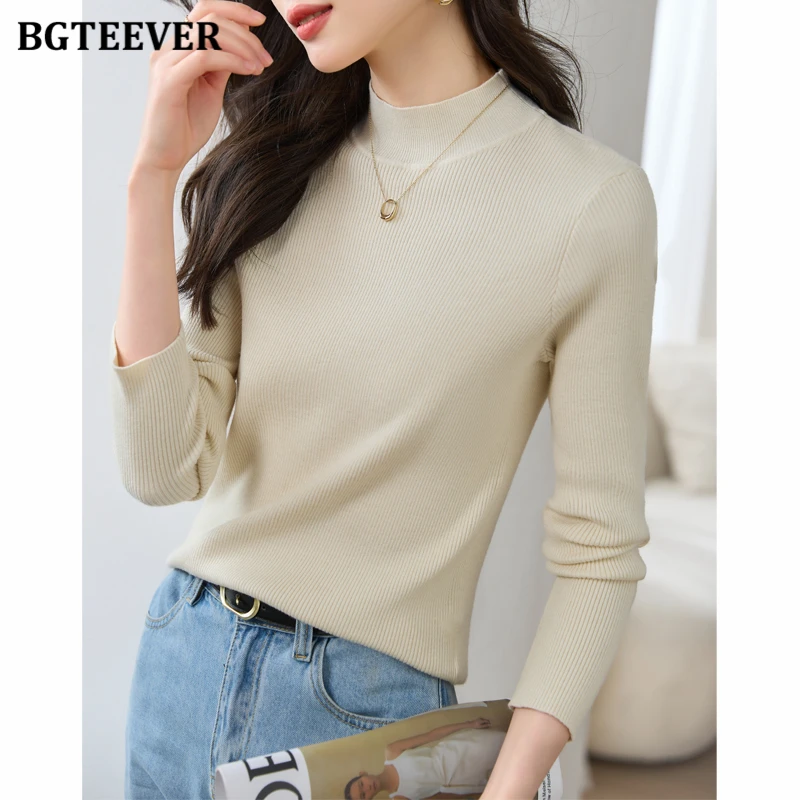 BGTEEVER سترات نسائية ضيقة ذات ياقة عالية بنصف ياقة عالية سترات خريف وشتاء غير رسمية أساسية بأكمام طويلة قطع علوية نسائية محبوكة #5