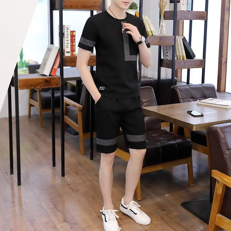 

2026 New Style Men's Summer Casual Sports Two Piece Set Korean Loose Fit Short Sleeve T Shirt Five Inch Shorts