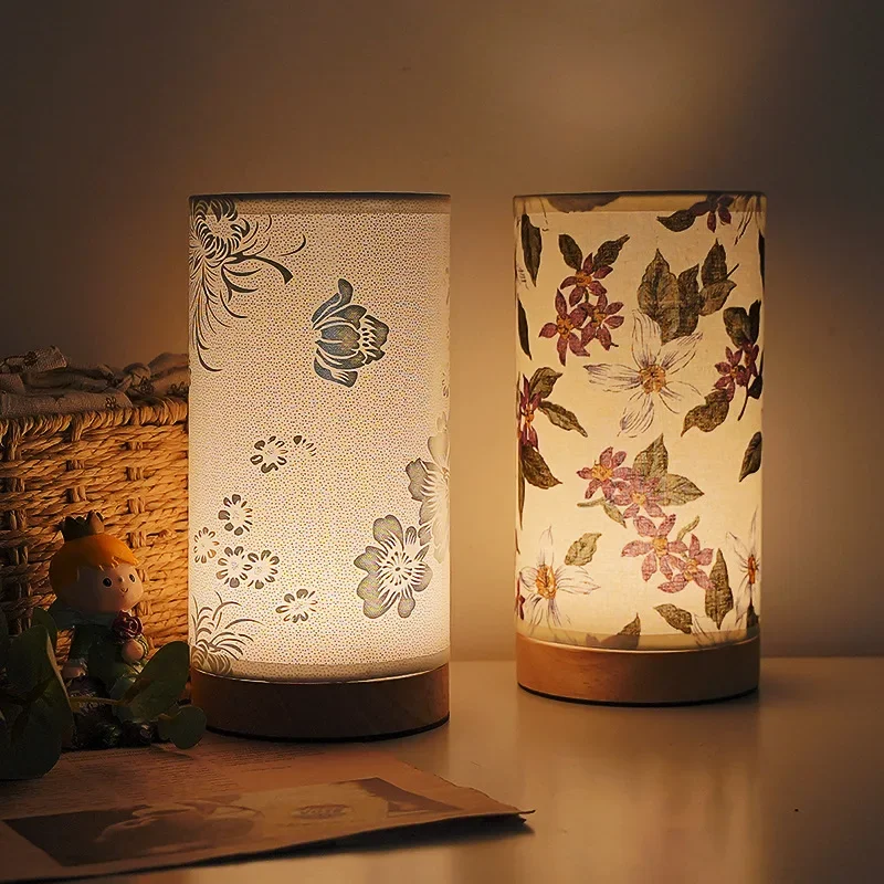 Creative New Touch Wooden Fabric Shade Table Lamp USB Rechargeable LED Night Light for Bedroom Bedside Home Decor